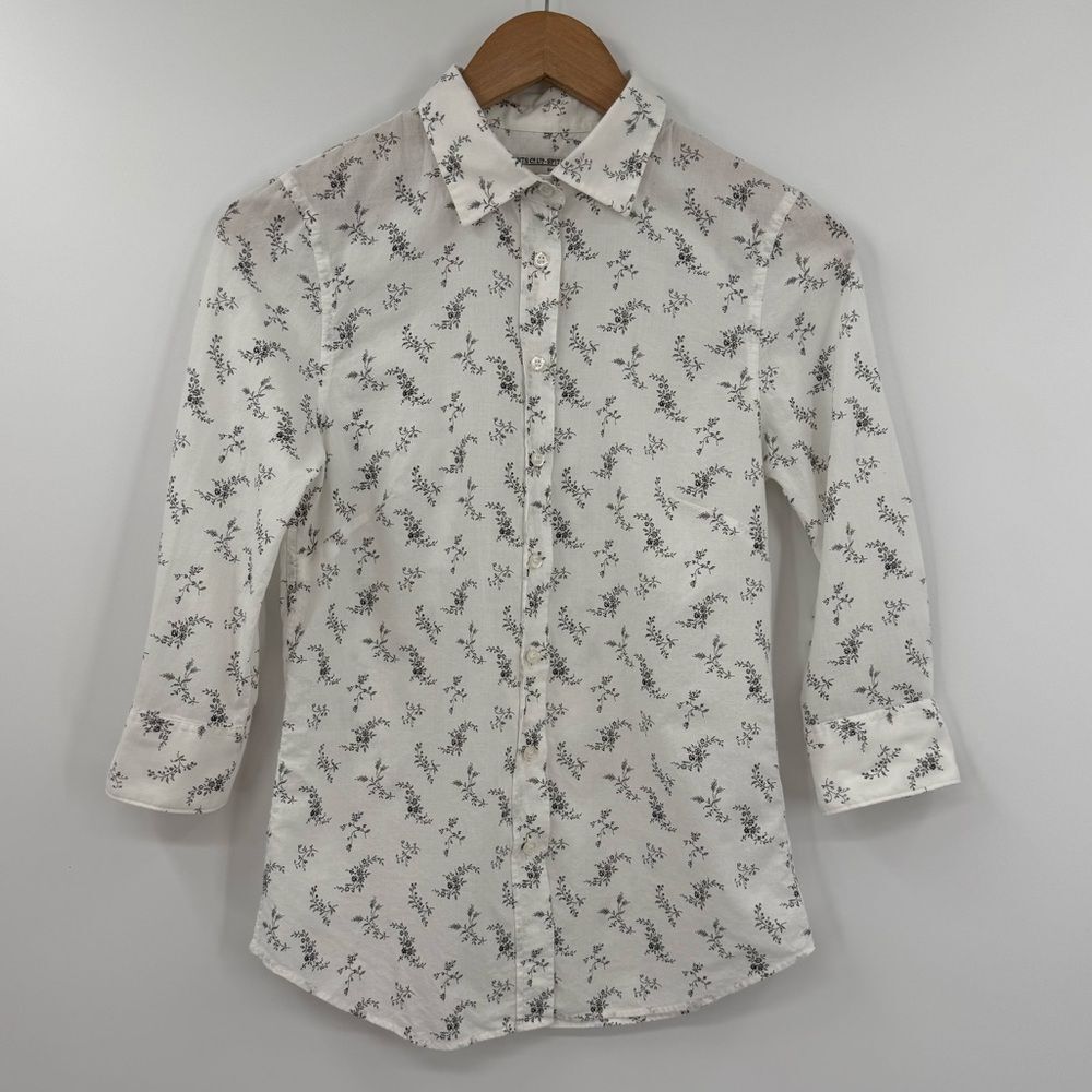 AllSaints Ditsy Floral Button Dow Shirt in White w/ Black Floral Print | Size 2
